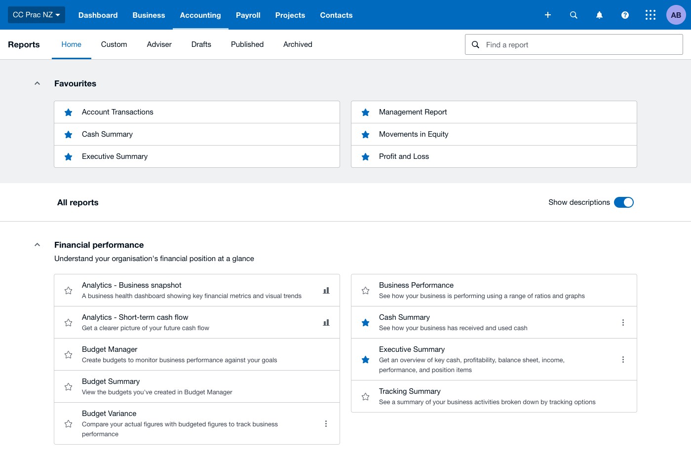 Xero Reports home screen showing report categories, optional descriptions, and favourited reports